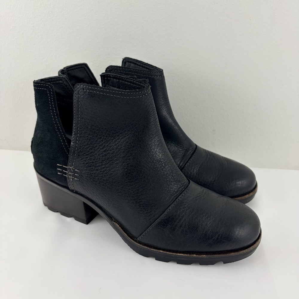 Sorel Black Leather Ankle Boots Women's 7.5 Waterproof Lug Sole